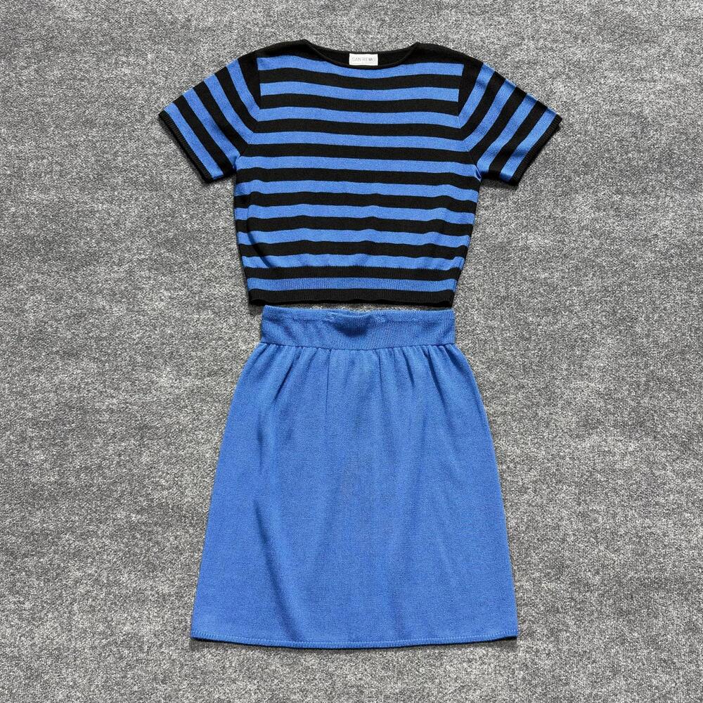 Vintage San Remo By Laura Knits 2 Piece Sweater Skirt Set Womens XL Blue Stripe